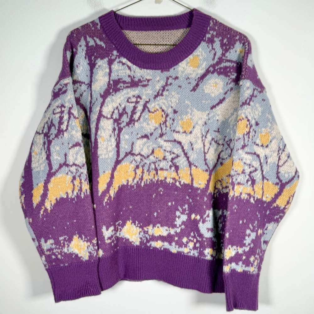 Andreilee Men’s Size Small Wearable Art Purple Patterned Crewneck Sweater